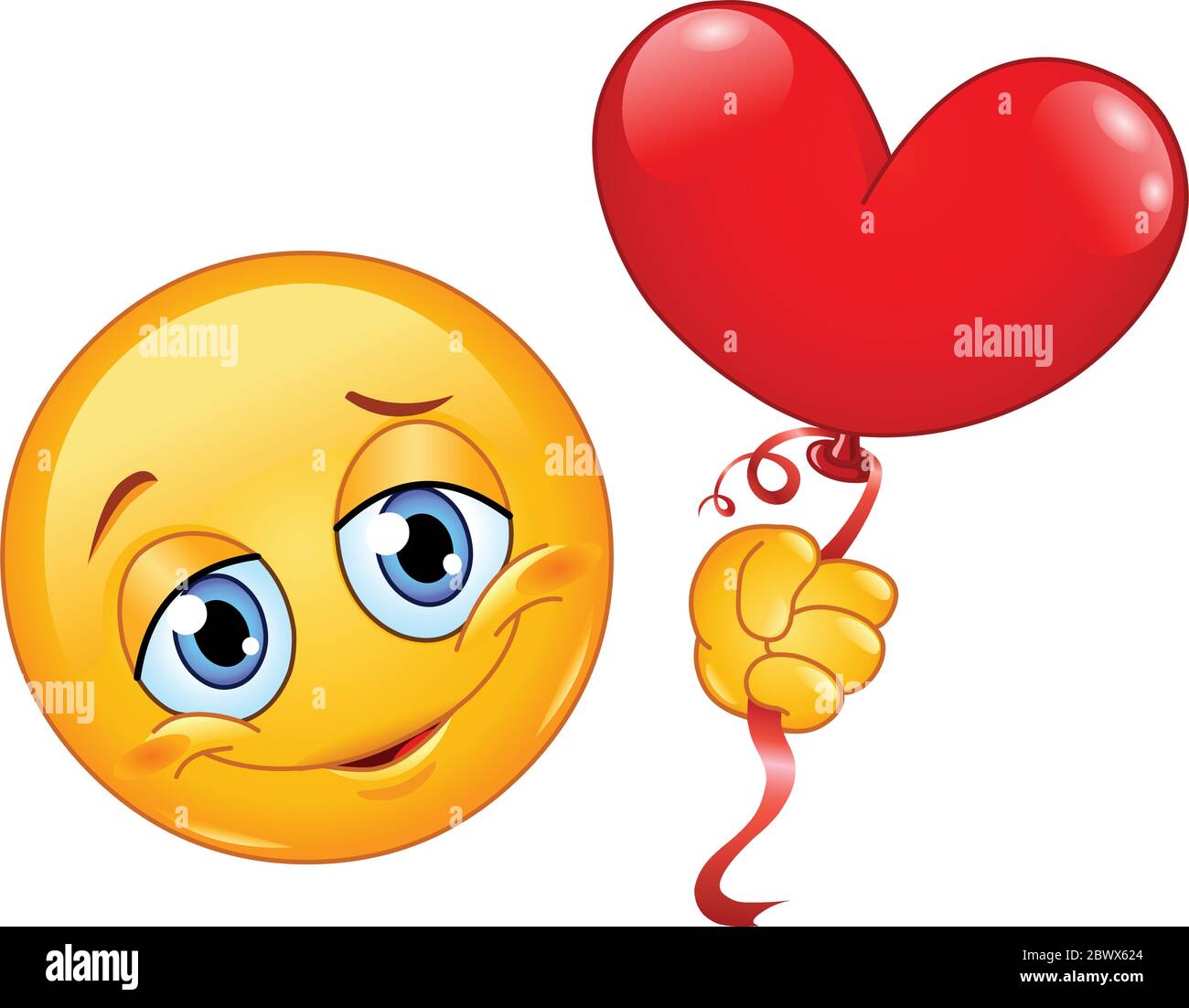 Emoticon che tiene un palloncino a forma di cuore Illustrazione Vettoriale