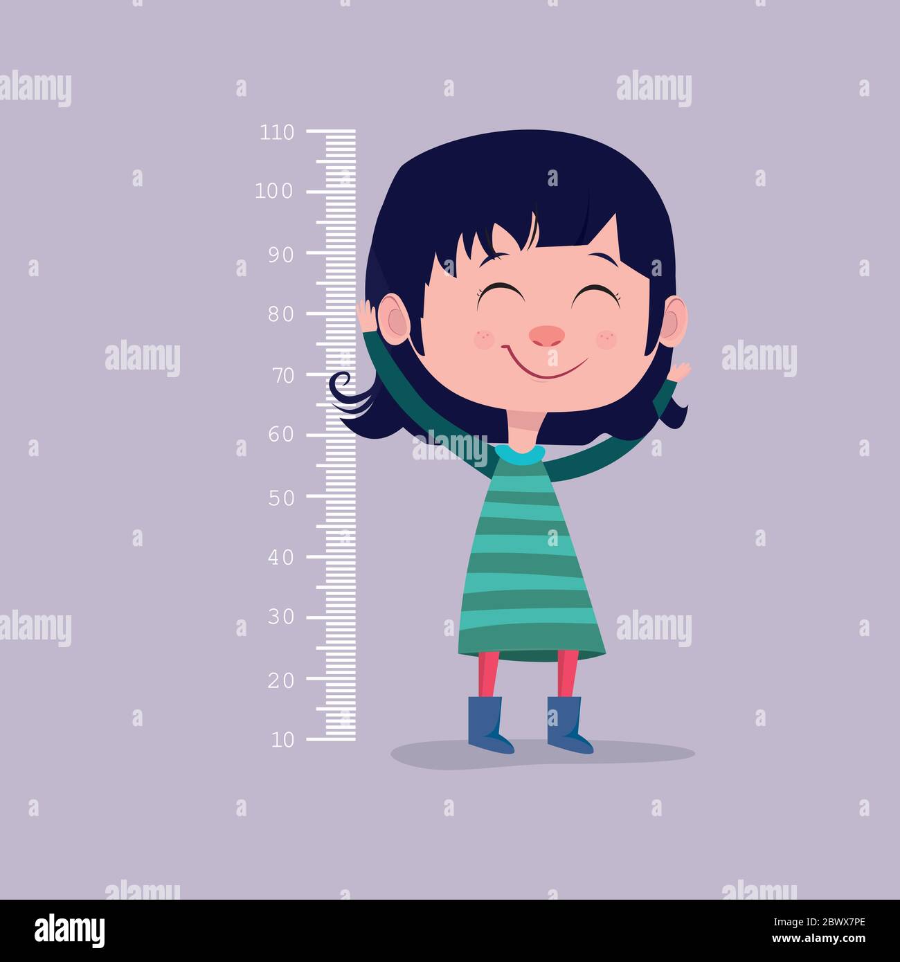 Bambina che misura l'altezza vicino alla parete bianca. Illustrazione vettoriale. Illustrazione Vettoriale