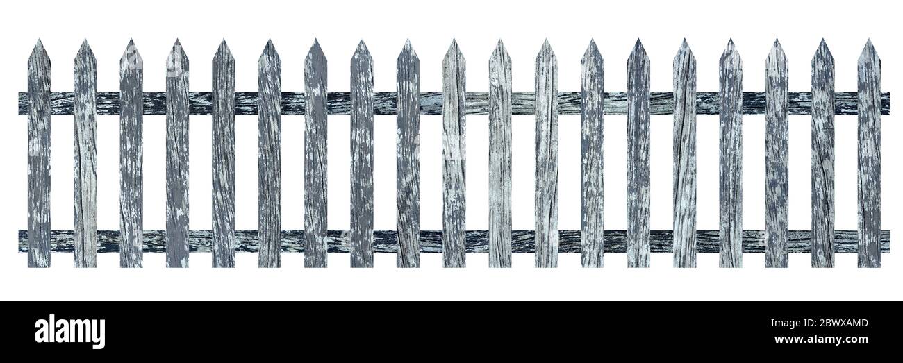 Recinzione in legno bianca con decorazioni isolate su sfondo bianco, adatta per presentazioni, sfondi e modelli Web. Foto Stock