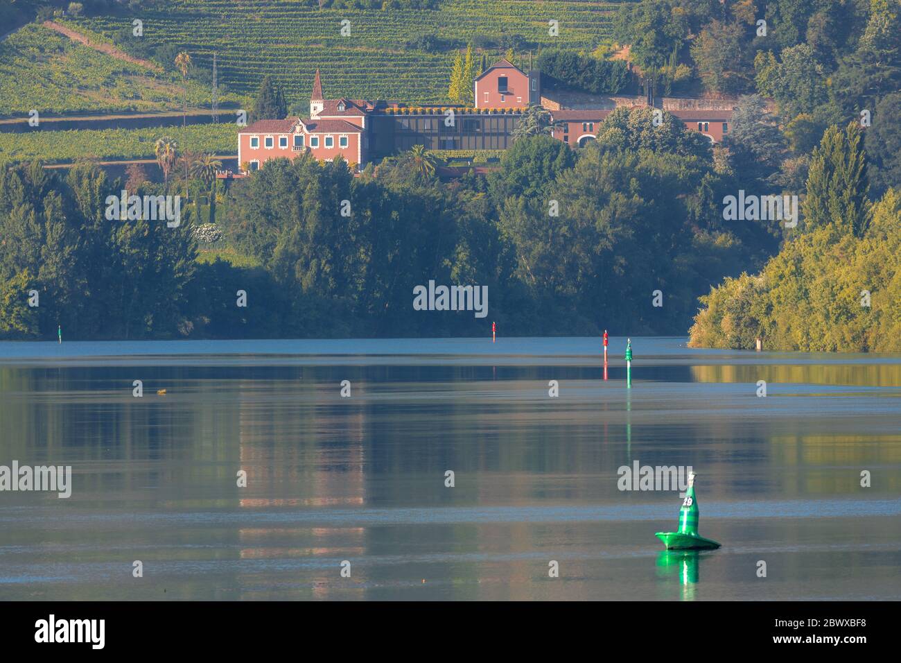 Porto di Douro e valle del vino con Quinta vale de Abrão, vigneti e tranquillo fiume idilliaco da vicino Régua Portogallo Nord Foto Stock