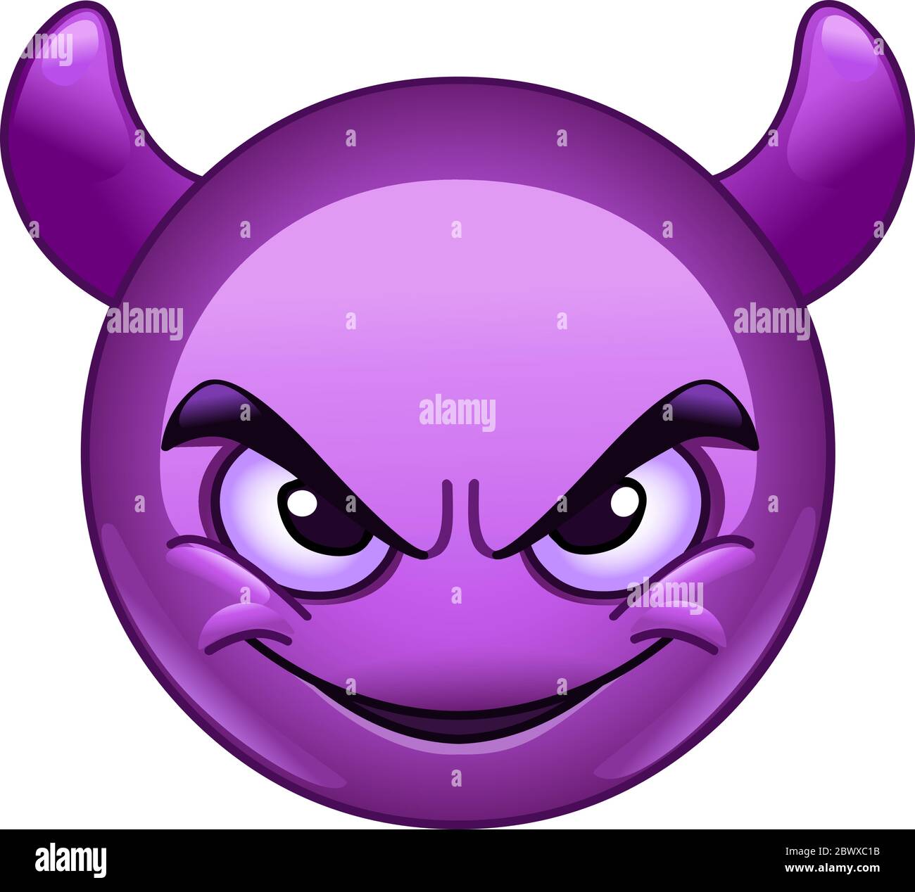 Faccia sorridente con corna. Emoticon viola diavolo. Illustrazione Vettoriale