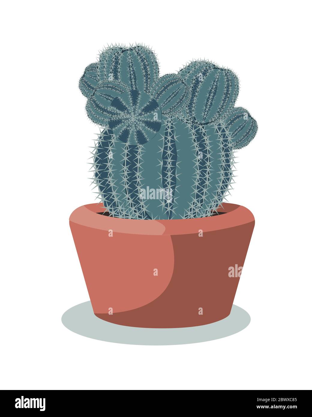 Grande palla di cactus in un vaso di ceramica rossa, pianta desertica decorativa chiamato notocactus o eriocactus. Illusione vettoriale Illustrazione Vettoriale