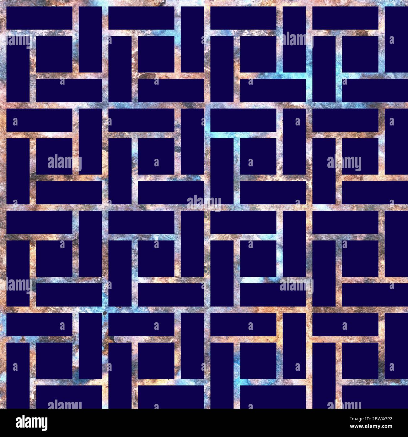 Geometria griglia arcobaleno, reticolo, pattern in colori neon su sfondo blu scuro. Ripetizione senza giunture Foto Stock