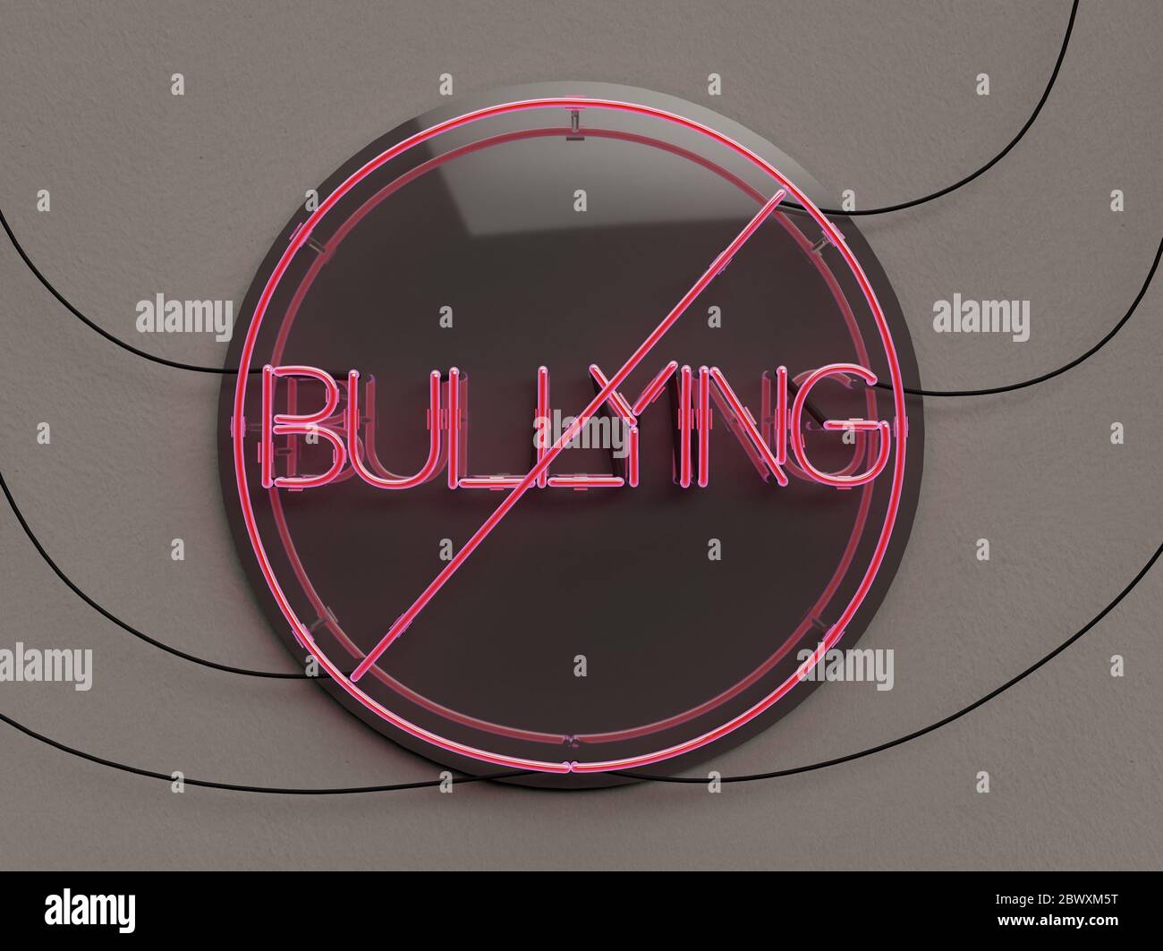 Stop bullismo Neon Sign in a Circular format with glowing red color concept - 3d Illustration Foto Stock