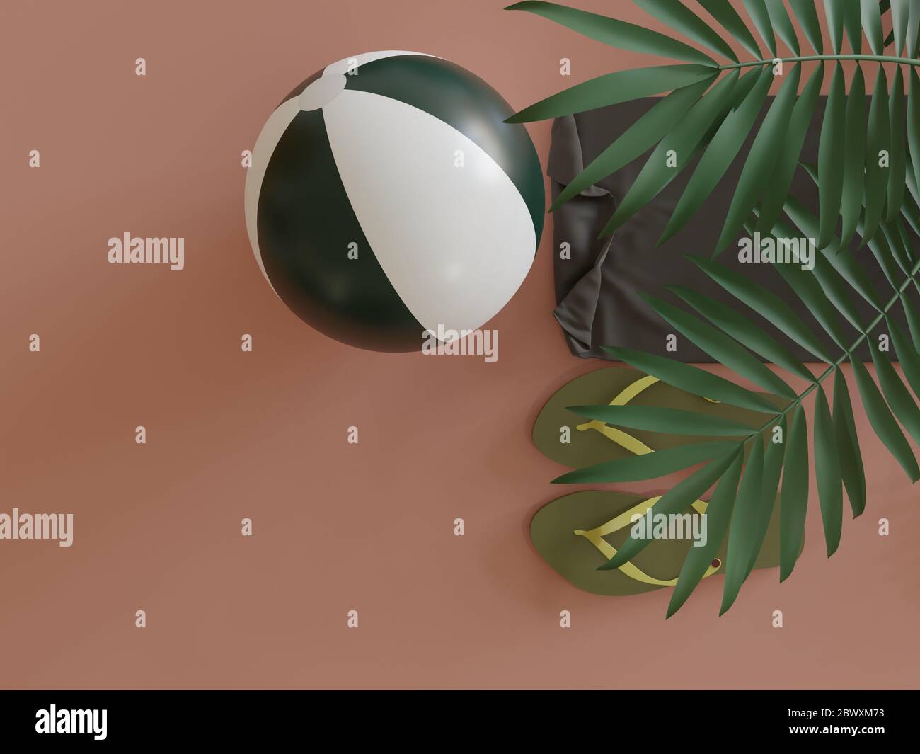 Beach Ball sandali flipflop e asciugamano sotto foglie tropicali in studio visto dall'alto come minimalismo concetto - illustrazione 3d Foto Stock