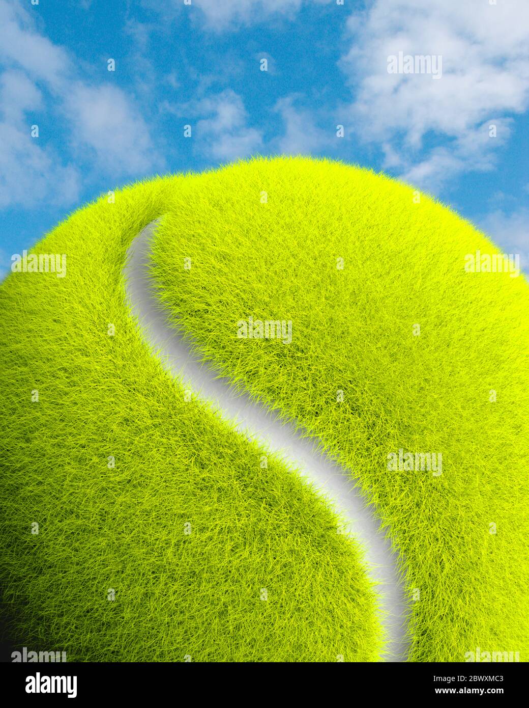 Primo piano palla da tennis, sfondi cielo, percorso a forma di yin yang s attraverso una foresta. Pianeta. Foto Stock