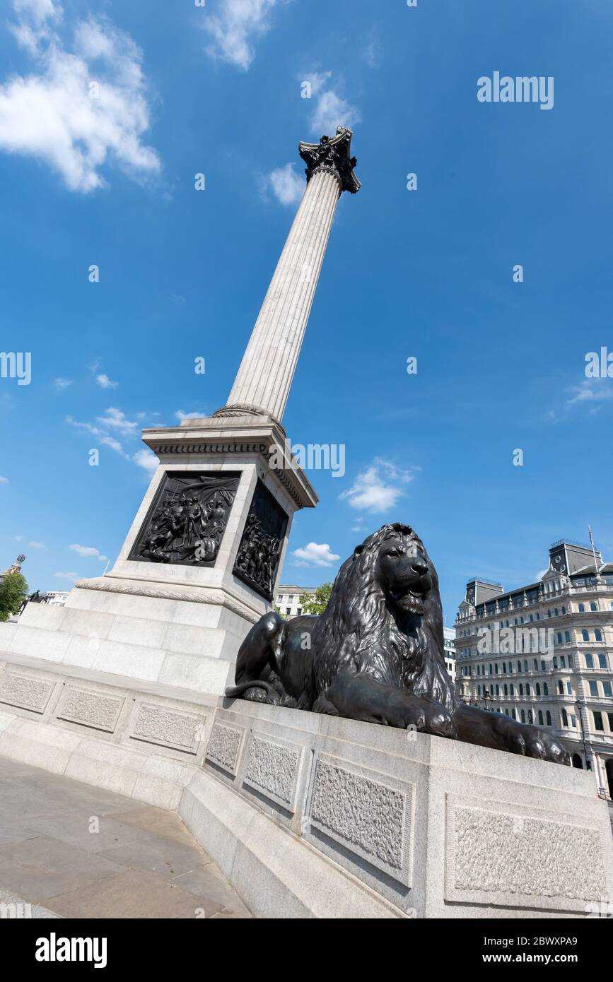 Colonna di Nelson e Landseer Lion, Trafalgar Square, Londra, Regno Unito Foto Stock