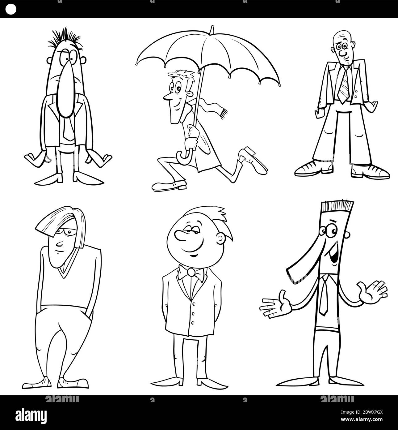 Set di illustrazioni in cartoni bianchi e neri di personaggi divertenti da uomo Illustrazione Vettoriale