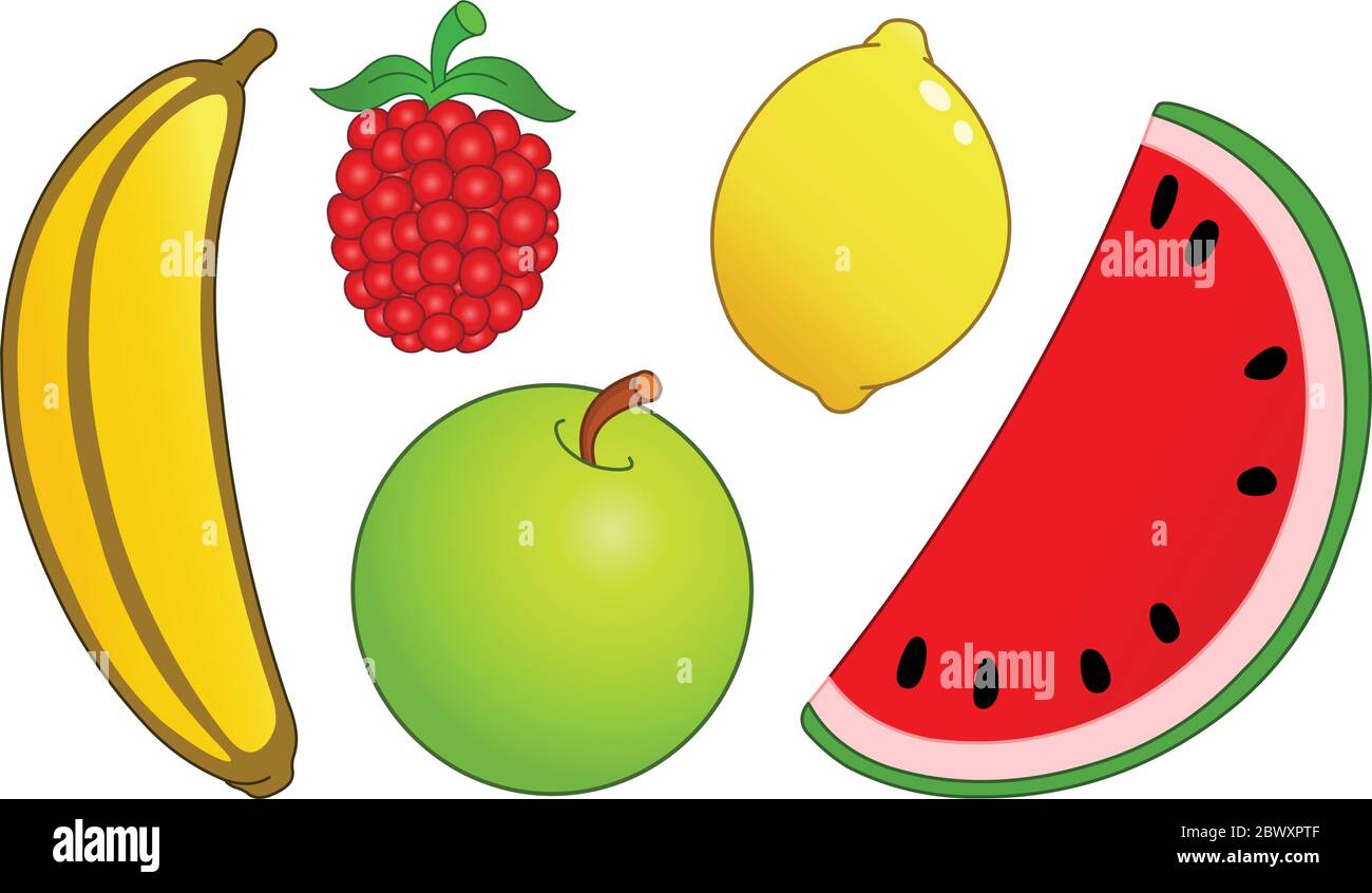 Set di frutta: Banana, lampone, limone, fetta di anguria e mela Illustrazione Vettoriale