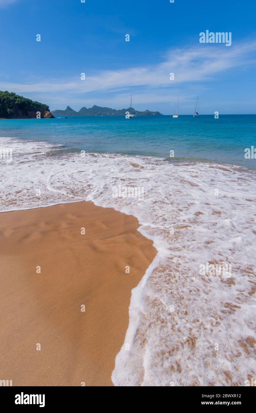 Spiaggia di sabbia in una baia sull'isola di Mayreau, una piccola isola nelle Grenadine nei Caraibi. Foto Stock