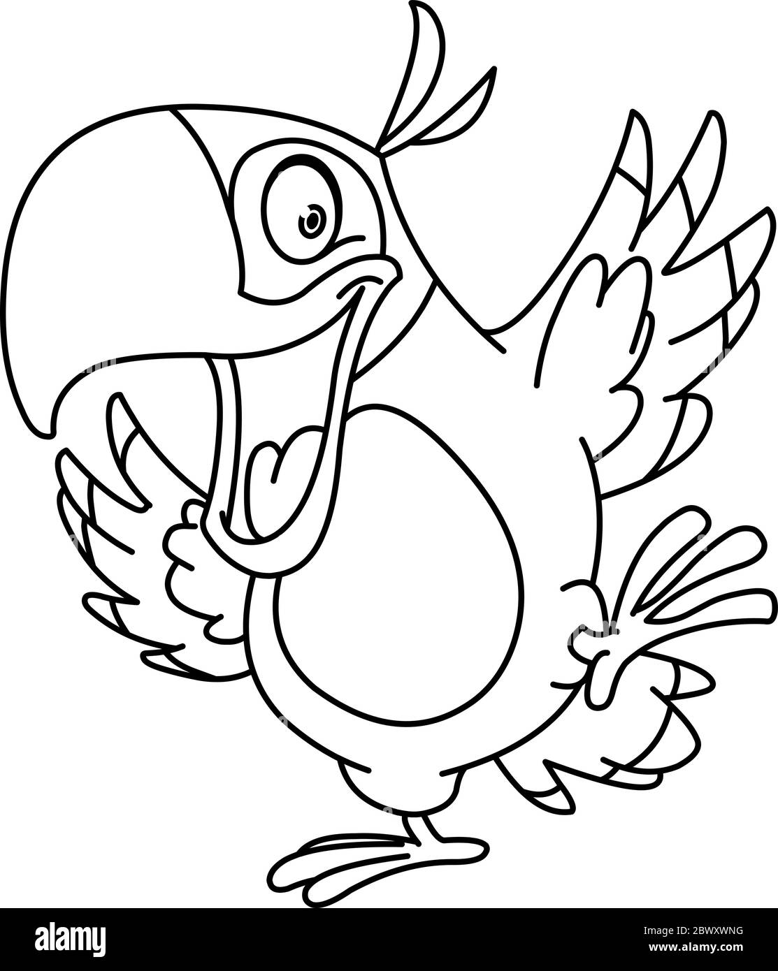 Delineato felice pappagallo danzante. Pagina di colorazione dell'illustrazione grafica vettoriale. Illustrazione Vettoriale