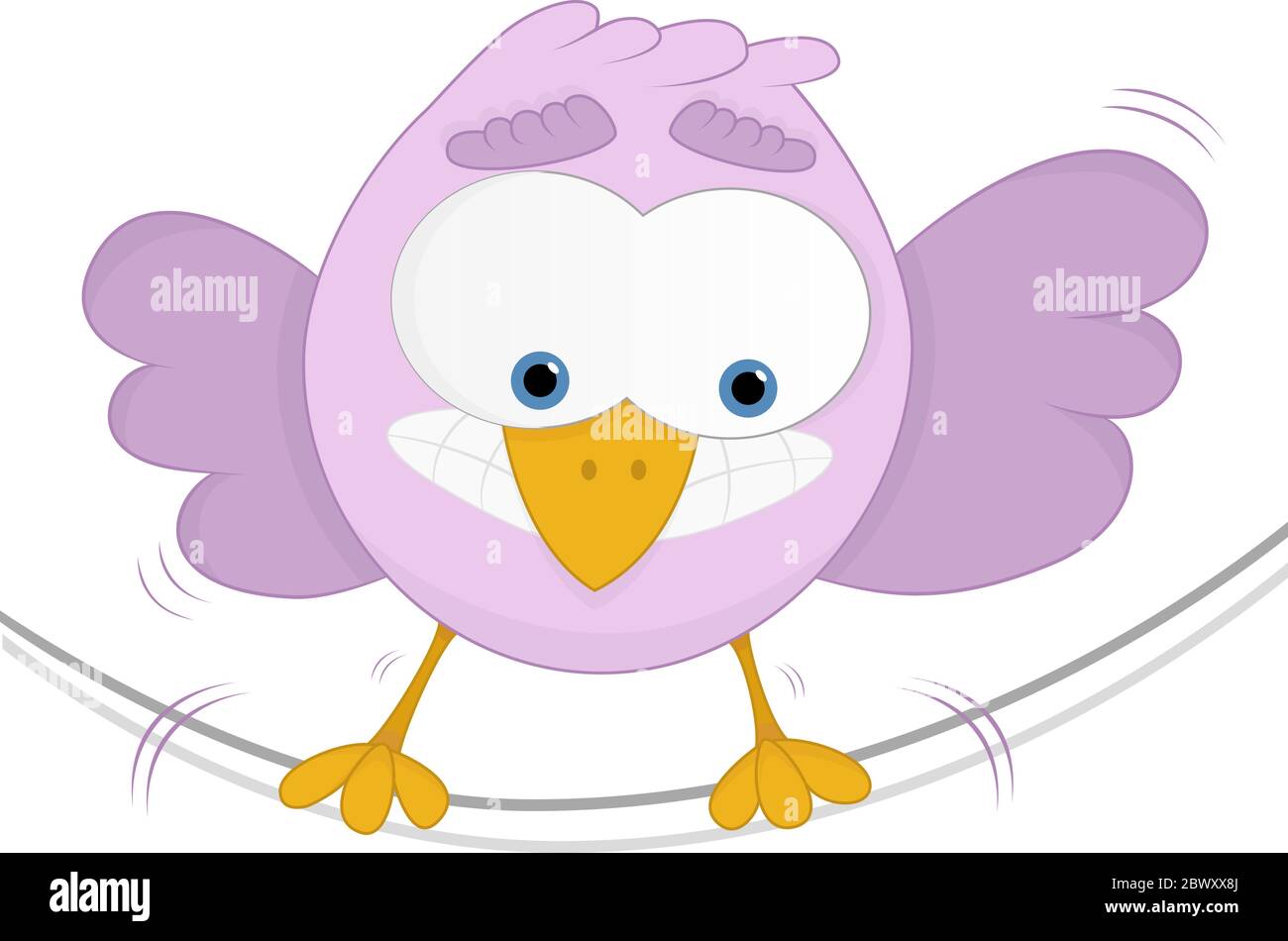 Uccello divertente con paura di altezze e sbilanciamento su una corda. Sfondo bianco. Illustrazione Vettoriale