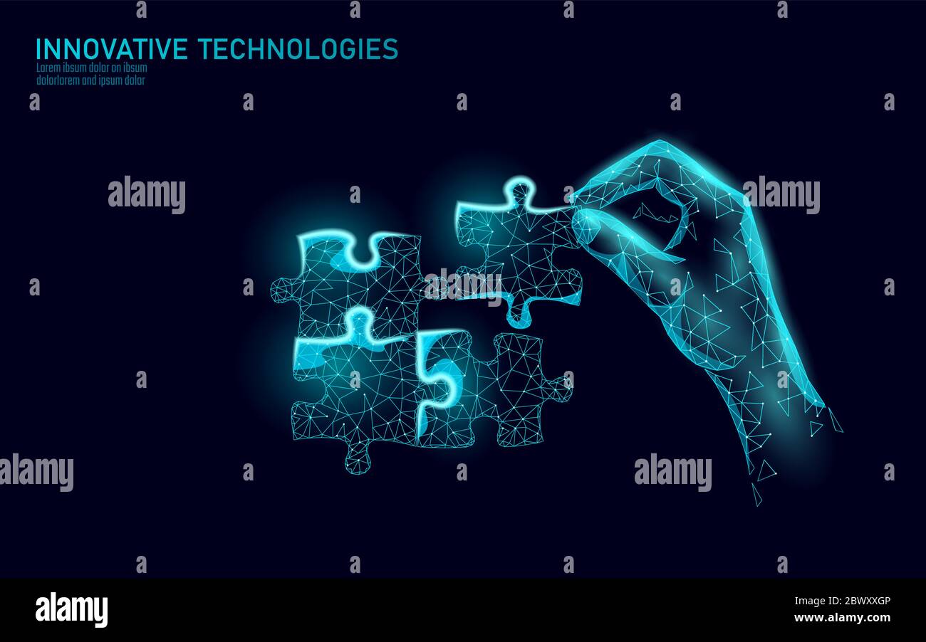 Pezzi di puzzle 3D Uniti insieme. Concetto aziendale di lavoro di squadra. Collaborazione per la soluzione dei problemi di idea creativa. Vettore di gioco di partita strategia poly blue basso Illustrazione Vettoriale