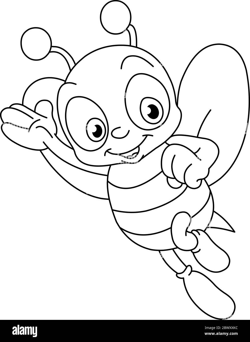 Delineato ape felice presentazione con la sua mano. Pagina di colorazione dell'illustrazione grafica vettoriale. Illustrazione Vettoriale