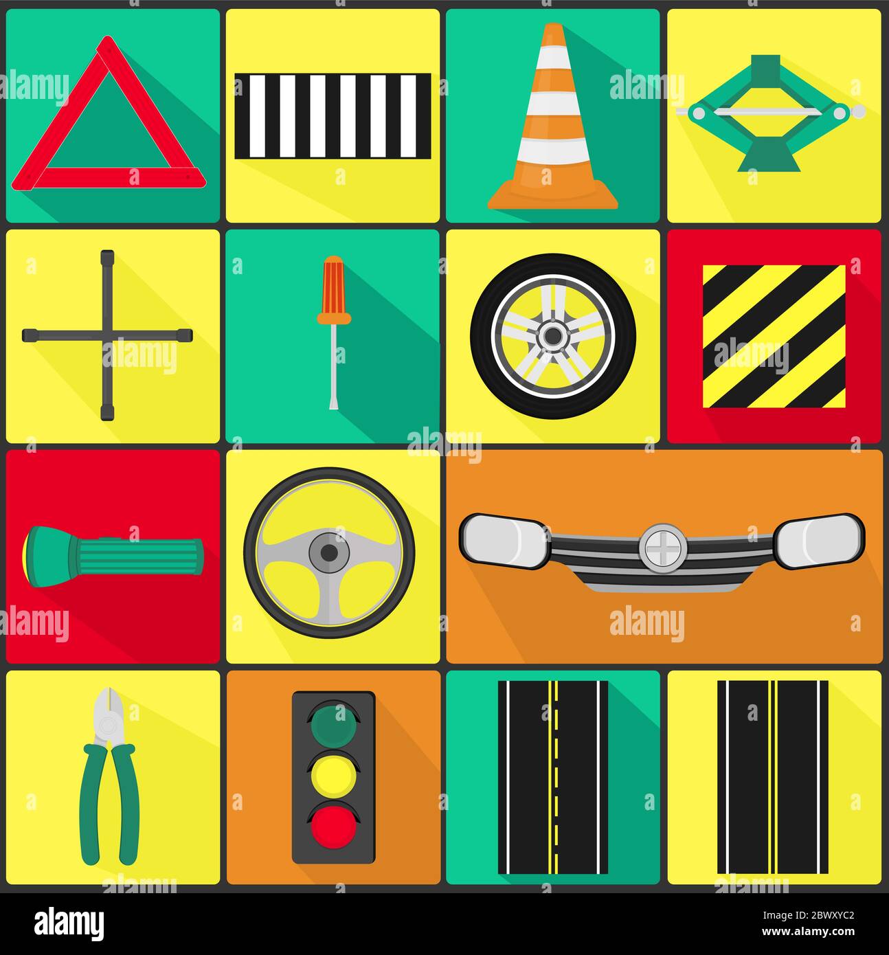 15 oggetti auto, sicurezza e traffico. Illustrazione Vettoriale
