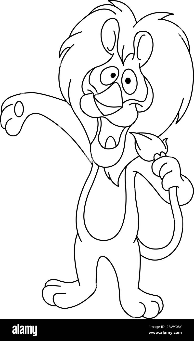 Illustrazione di un leone di un ospite o di un cantante che usa la sua coda come un microfono. Pagina di colorazione dell'illustrazione grafica vettoriale. Illustrazione Vettoriale