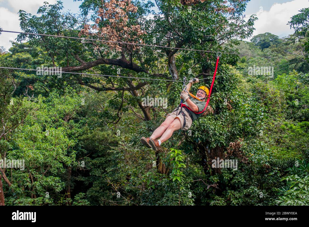 Zip-lining turistico attraverso il baldacchino della foresta pluviale nella zona Rincon de la Vieja del nord-ovest della Costa Rica. Foto Stock