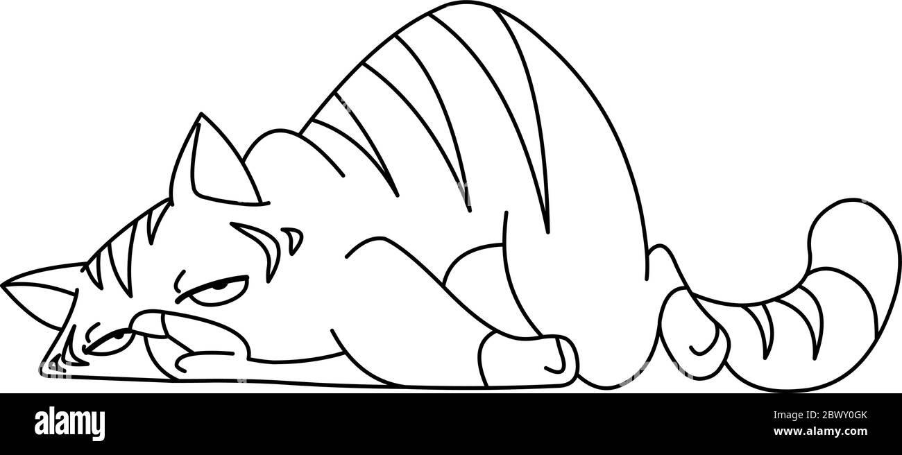 Delineato gatto stanco che giace sulla parte anteriore. Pagina di colorazione dell'illustrazione grafica vettoriale. Illustrazione Vettoriale