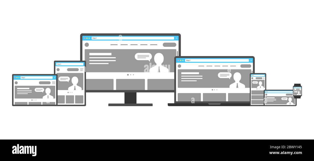 Set di modelli di web design adattivo reattivo. Sito Web su dispositivi diversi. Monitor desktop, laptop, tablet, app mobile per smartphone e mockup dello schermo dell'orologio intelligente. Immagine eps vettoriale digitale piatta Illustrazione Vettoriale