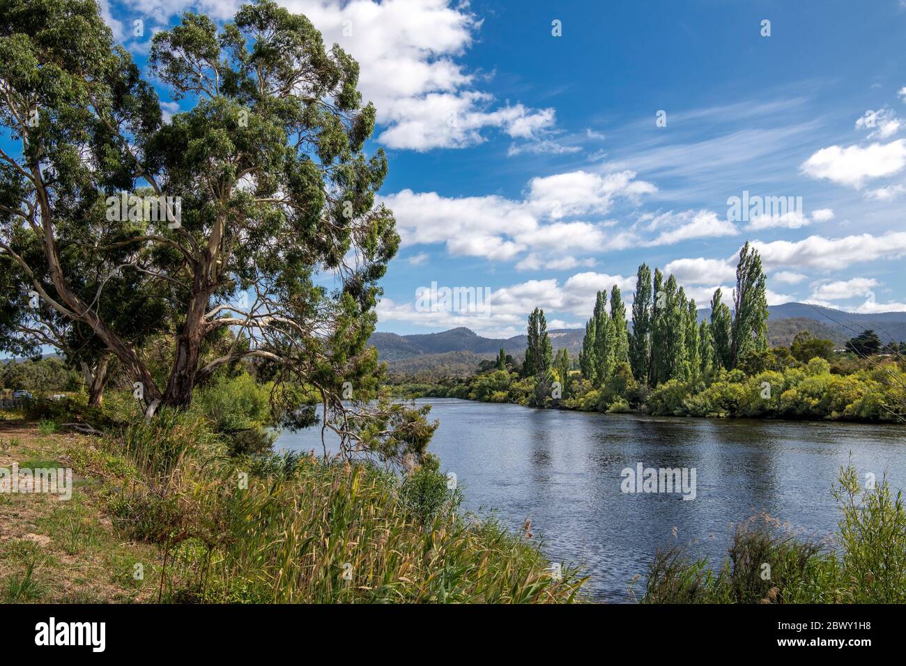 Fiume Derwent che scorre attraverso la campagna panoramica Tasmania Australia Foto Stock