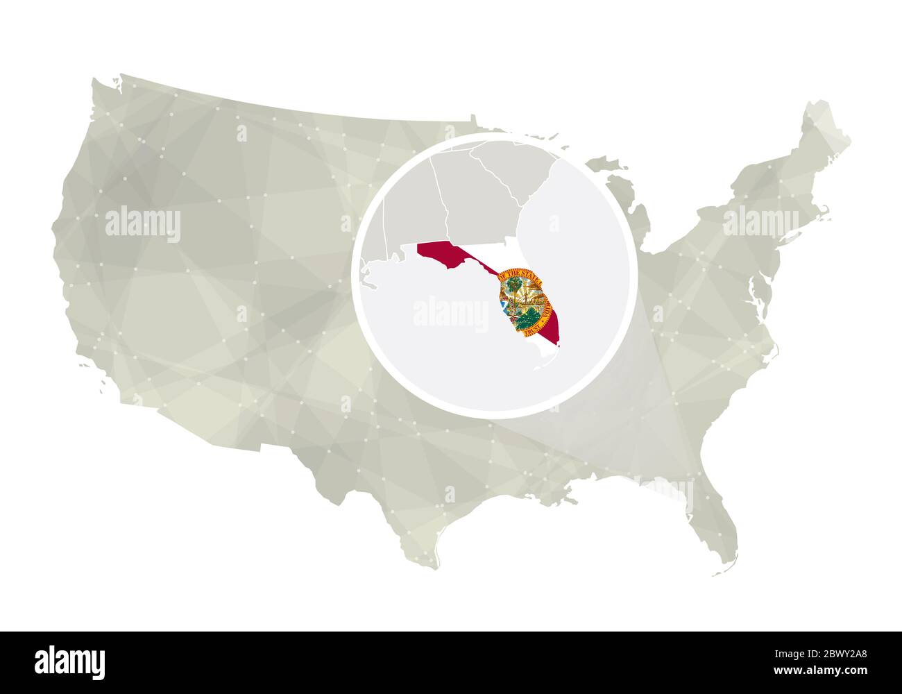 Mappa astratta poligonale degli Stati Uniti con stato ingrandito della Florida. Mappa e bandiera dello stato della Florida. Mappa vettoriale USA e Florida. Illustrazione vettoriale. Illustrazione Vettoriale