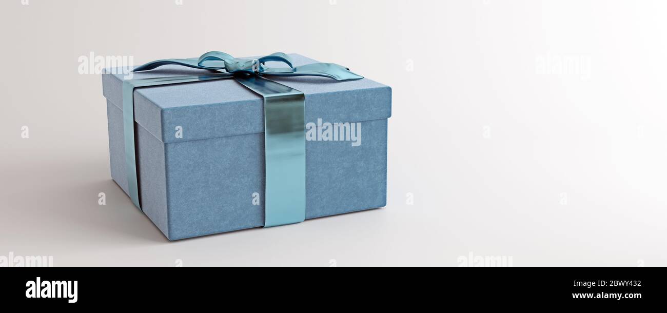 Poster in mock-up, confezione regalo di lusso blu con arco lucido su sfondo bianco, rendering 3D, illustrazione 3D Foto Stock