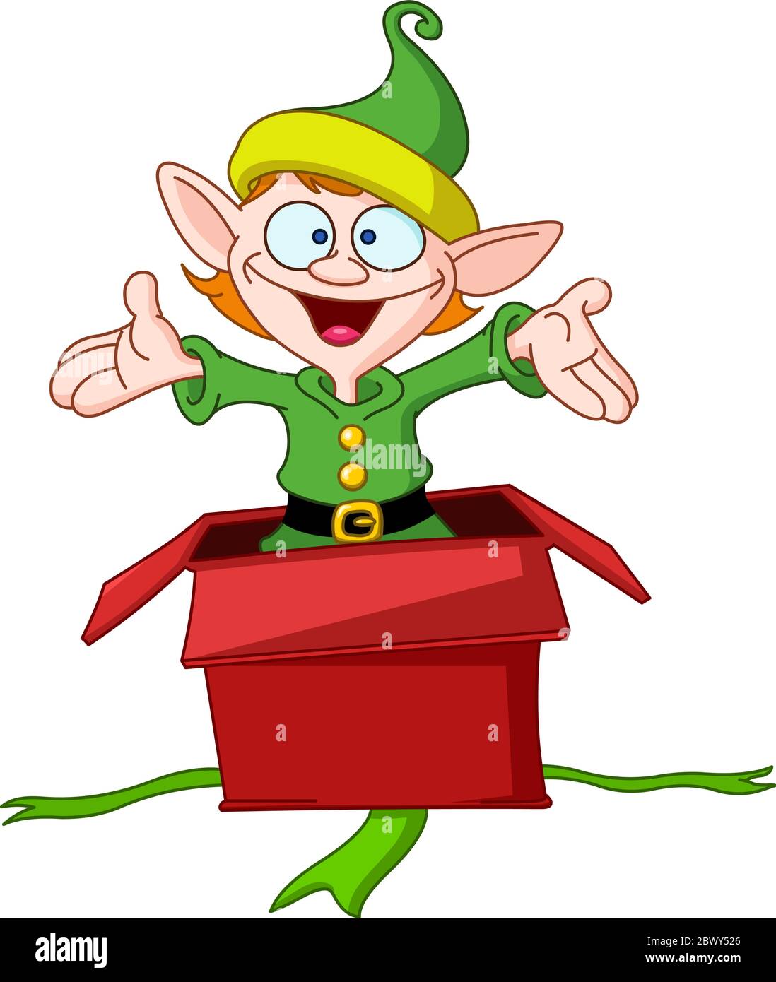 Elfo felice che esce da una scatola regalo di Natale Illustrazione Vettoriale