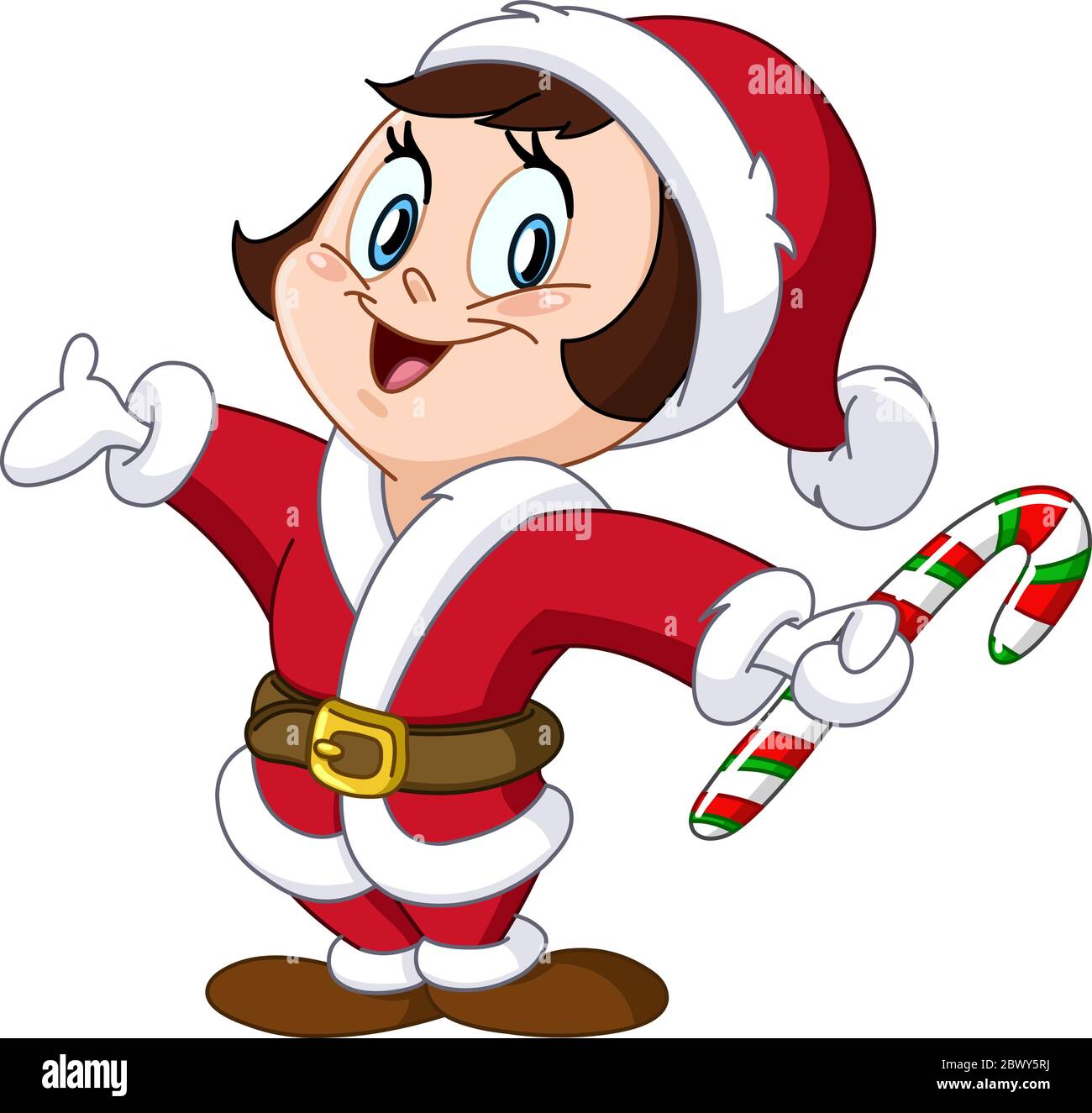 Ragazza piccola felice in un costume di Babbo Natale che tiene una canna caramella Illustrazione Vettoriale