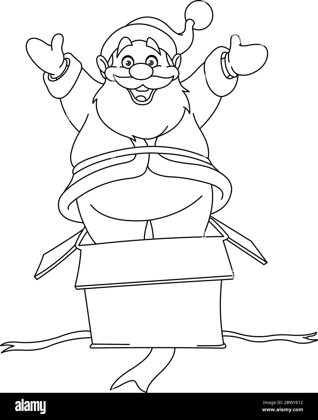 Abbozzato allegro Babbo Natale che salta fuori da una scatola regalo di Natale. Pagina di colorazione dell'illustrazione grafica vettoriale. Illustrazione Vettoriale