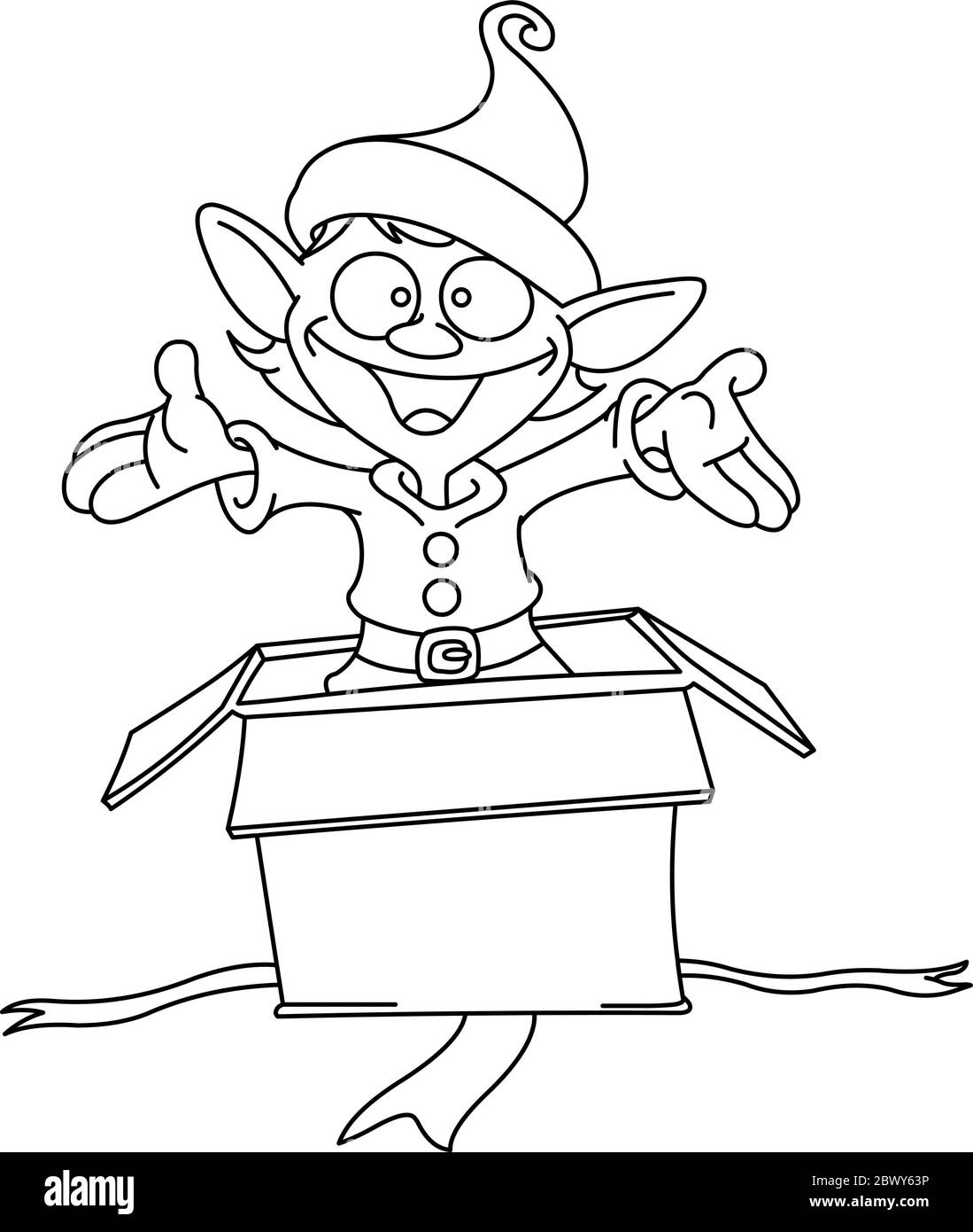 Delineato elfo felice che schioccano da una scatola di regalo di Natale. Pagina di colorazione dell'illustrazione grafica vettoriale. Illustrazione Vettoriale