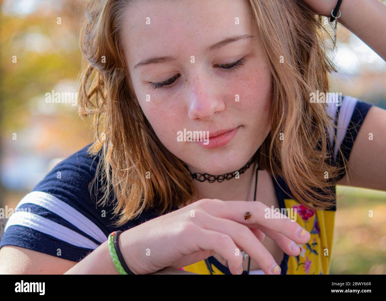 Ragazza teen carina con capelli biondi sporchi nel parco su un banco che guarda giù ad una signora Bug strisciando sulla sua mano nella contea di Lancaster, Pennsylvania Foto Stock