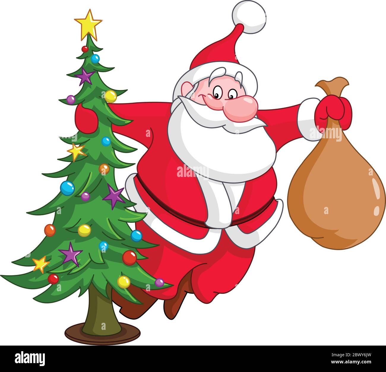 Santa con albero di Natale e sacco regali Illustrazione Vettoriale
