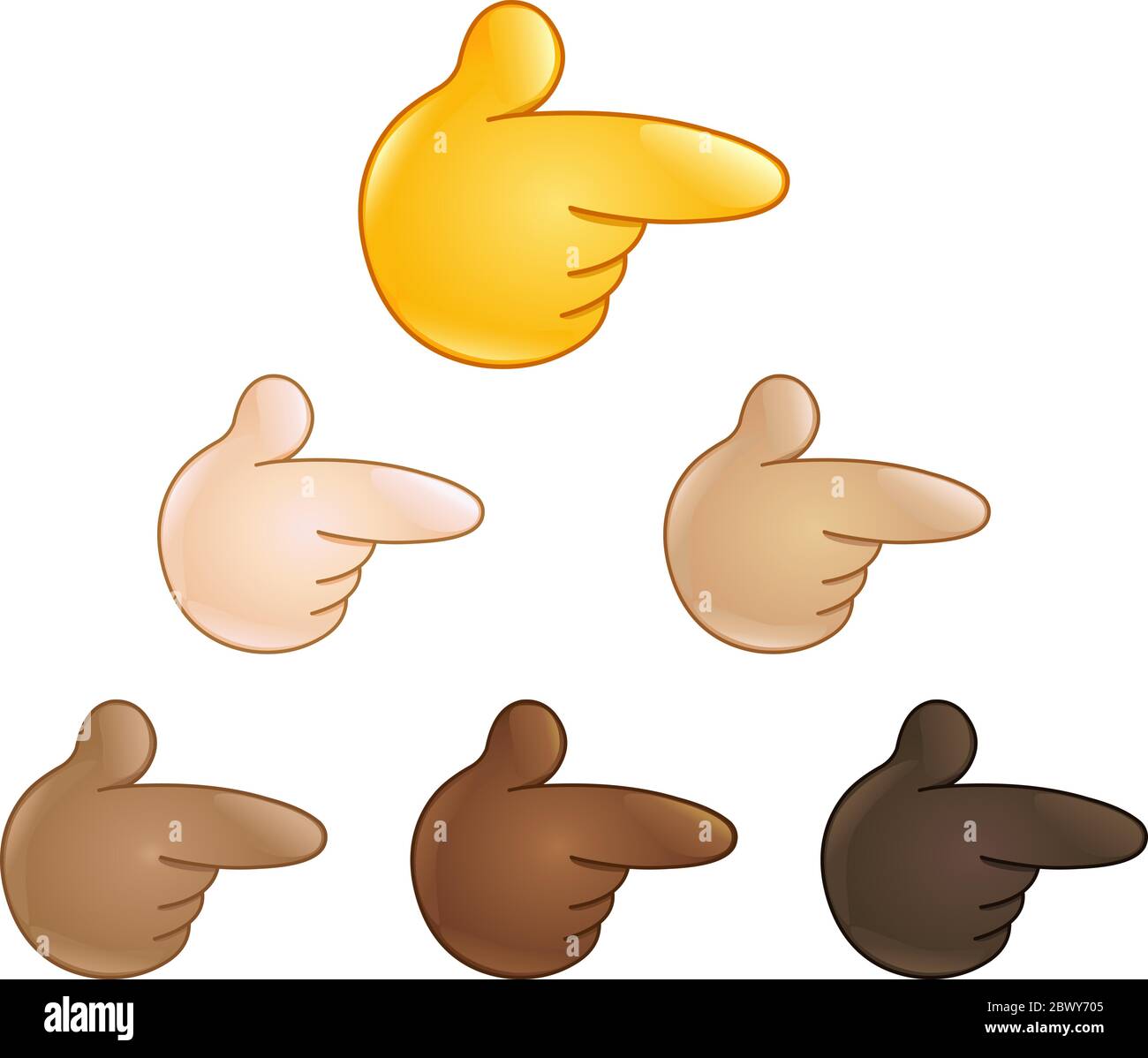 Indice di puntamento destro. Set di mani emoji di varie tonalità della pelle. Illustrazione Vettoriale