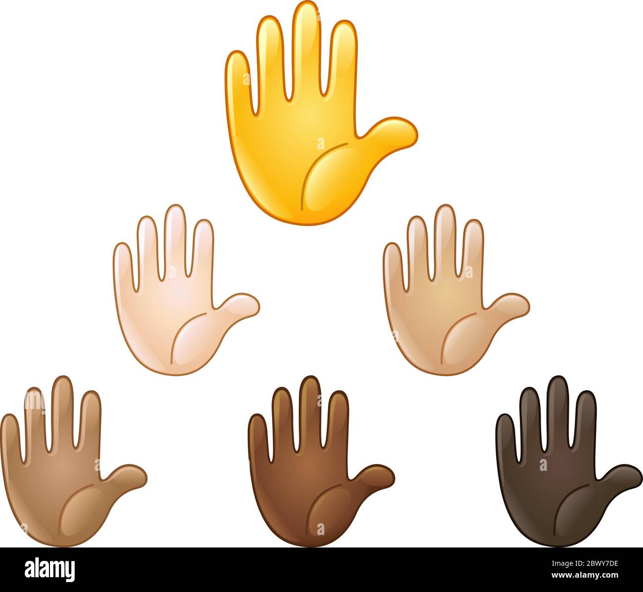 Emoji a mano rialzata di varie tonalità della pelle. Stop o cinque segnali. Illustrazione Vettoriale