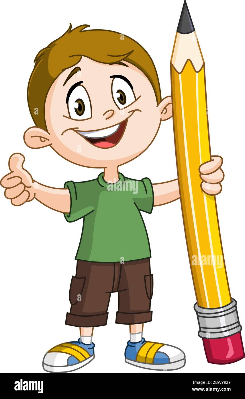 Ragazzo giovane che tiene una matita grande e mostra il pollice in su Illustrazione Vettoriale