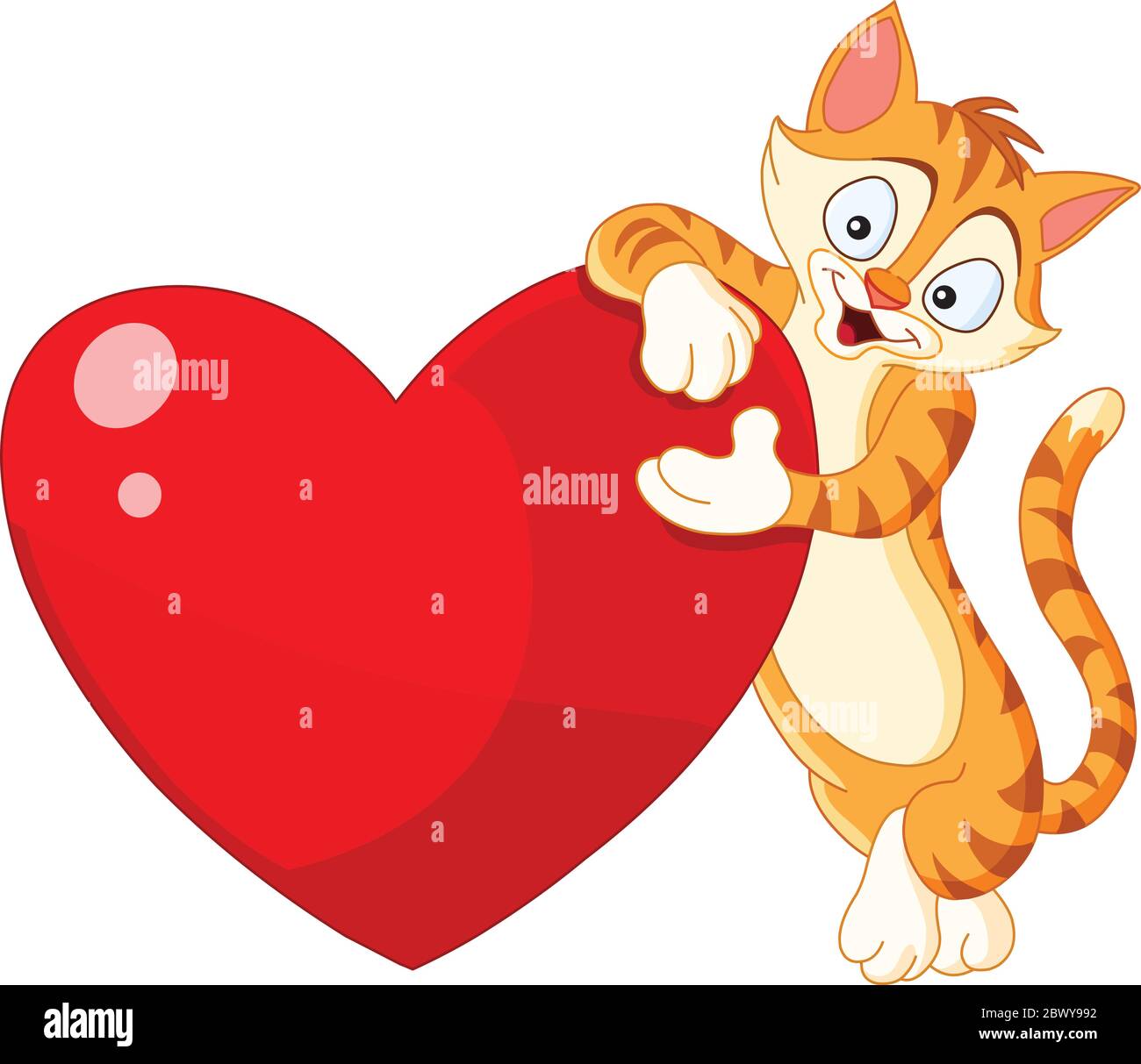 Carino gatto zenzero a righe inclinando e presentando un cuore grande Illustrazione Vettoriale