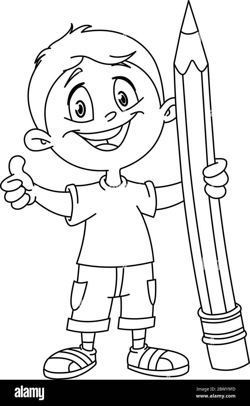 Delineato ragazzo giovane che tiene una matita grande e mostrando il pollice in su. Pagina di colorazione dell'illustrazione vettoriale. Illustrazione Vettoriale