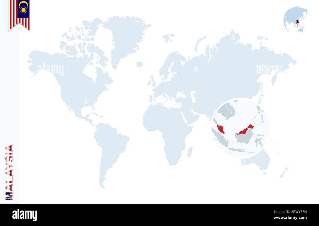 Mappa del mondo con ingrandimento sulla Malesia. Globo blu con pin bandiera Malesia. Ingrandisci la cartina della Malesia. Illustrazione vettoriale Illustrazione Vettoriale