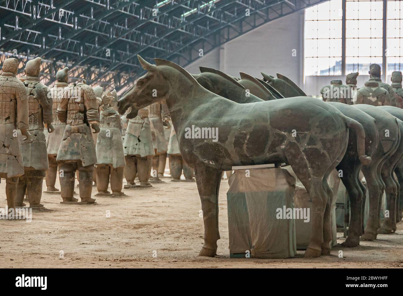 Xian, Cina - 1 maggio 2010: Museo e sala dell'Esercito di terracotta. Sculture grigio-beige di fila di cavalli e falange di soldati allo scavo. Foto Stock