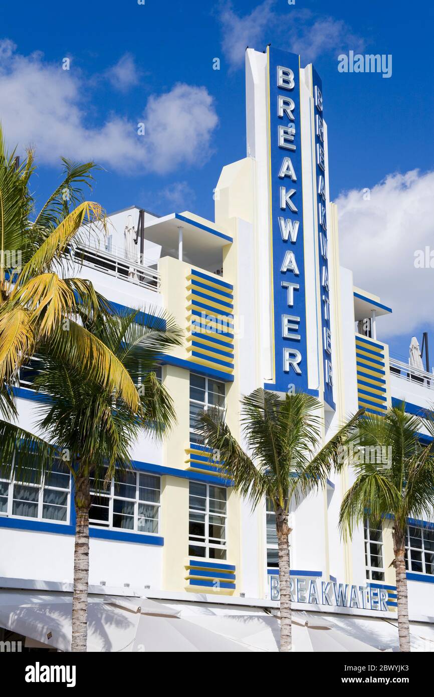 Breakwater Hotel su Ocean Drive e South Beach, Città di Miami Beach, Florida, Stati Uniti d'America Foto Stock