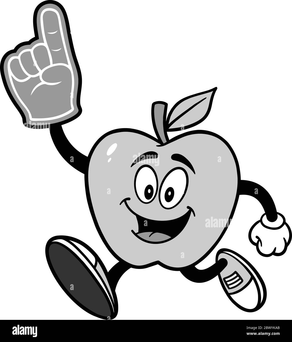 Apple Mascot Running with Foam Finger - un'illustrazione cartoon di una Apple Mascot Running con un dito in schiuma. Illustrazione Vettoriale