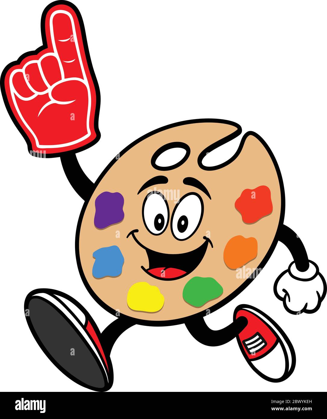Art palette Mascot Running with finger Foam - UN'illustrazione cartoon di una Art palette Mascot che corre con un dito di schiuma. Illustrazione Vettoriale