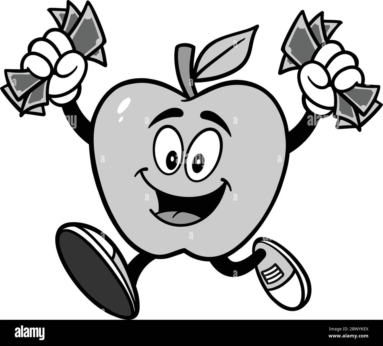 Apple Mascot Running with Money - un'illustrazione cartoon di una Mascot Apple che corre con Money. Illustrazione Vettoriale