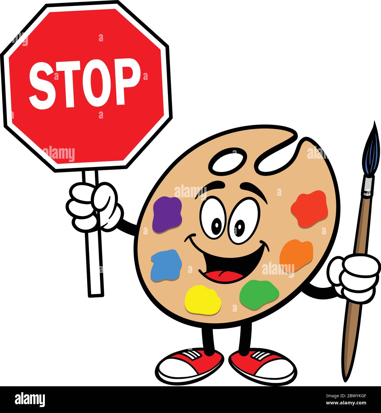 Art palette Mascot con Stop Sign - un cartoon illustrazione di una Art palette Mascot con Stop Sign. Illustrazione Vettoriale