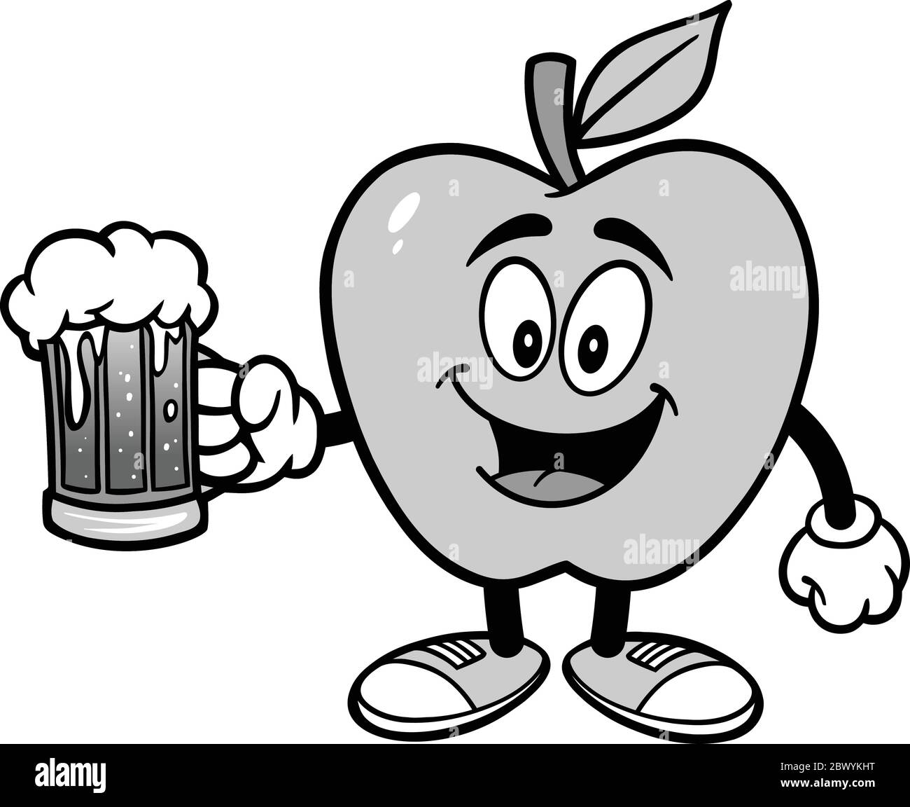 Mascotte di mele con birra - un'illustrazione cartoon di una mascotte di mele con una birra. Illustrazione Vettoriale