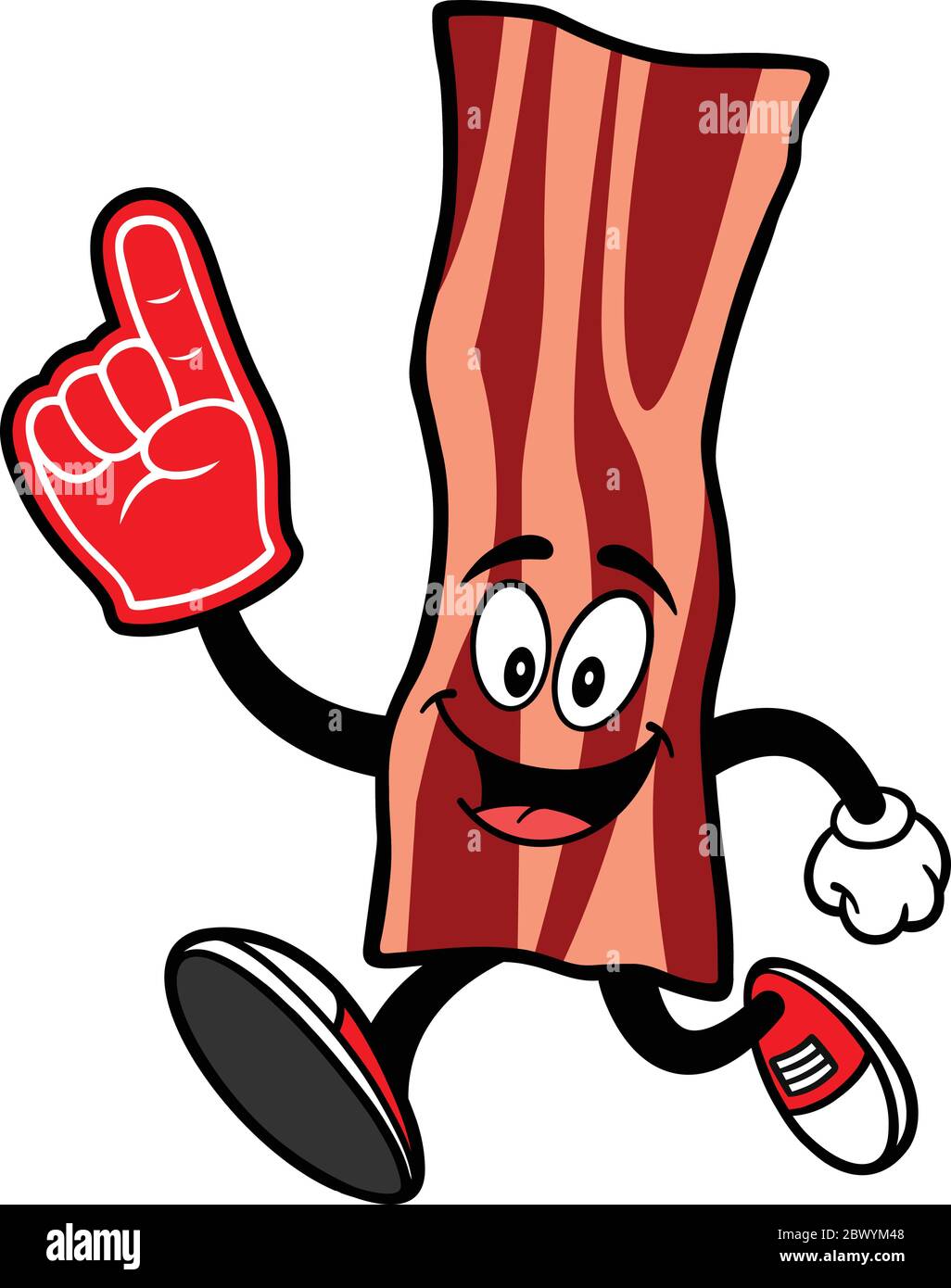 Bacon Strip Mascot Running with Foam Finger - UN cartoon illustrazione di una Bacon Strip Mascot Running con un dito di schiuma. Illustrazione Vettoriale