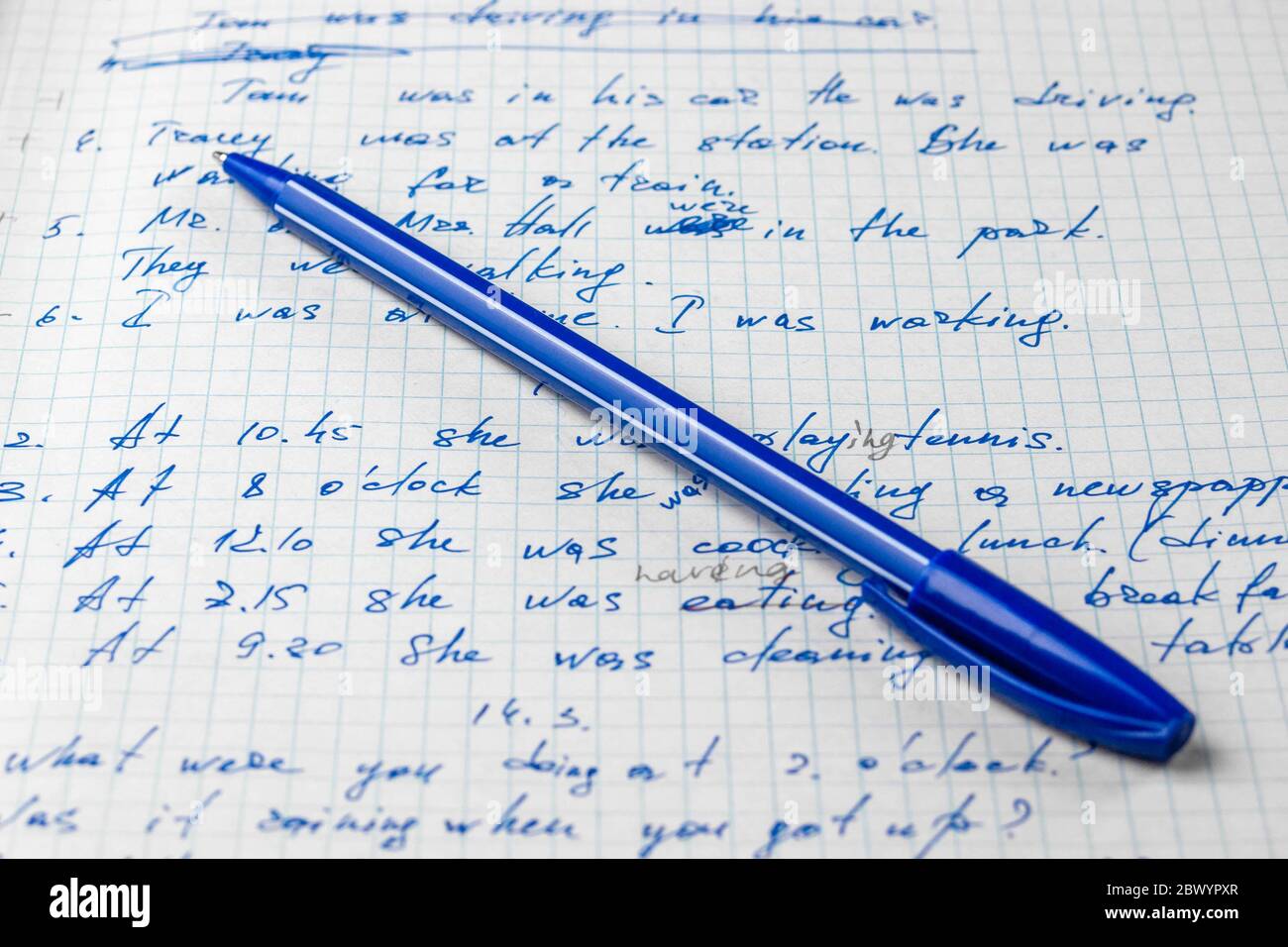 Fogli di appunti degli studenti della scuola con una penna blu a sfera Foto  stock - Alamy