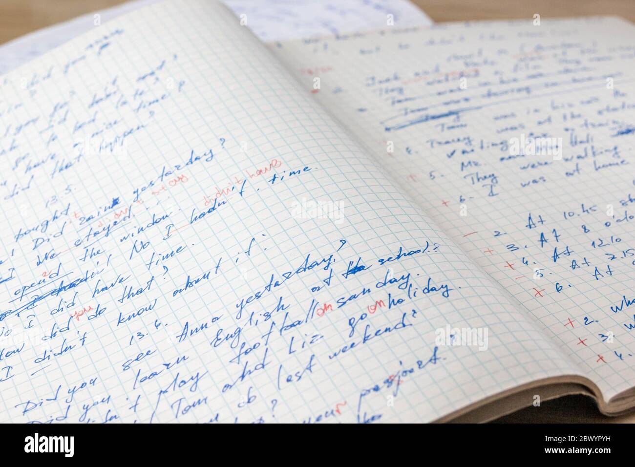 Fogli di appunti degli studenti della scuola con una penna blu a sfera Foto Stock