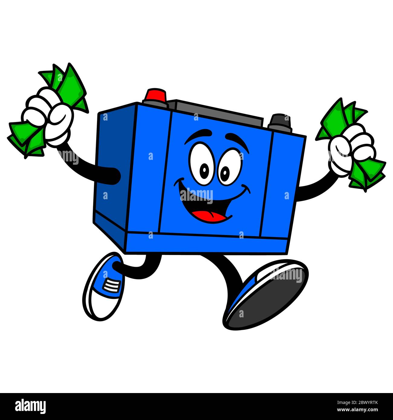 Auto Battery Run with Money- UN Cartoon Illustrazione di una batteria di automobile che funziona con soldi. Illustrazione Vettoriale