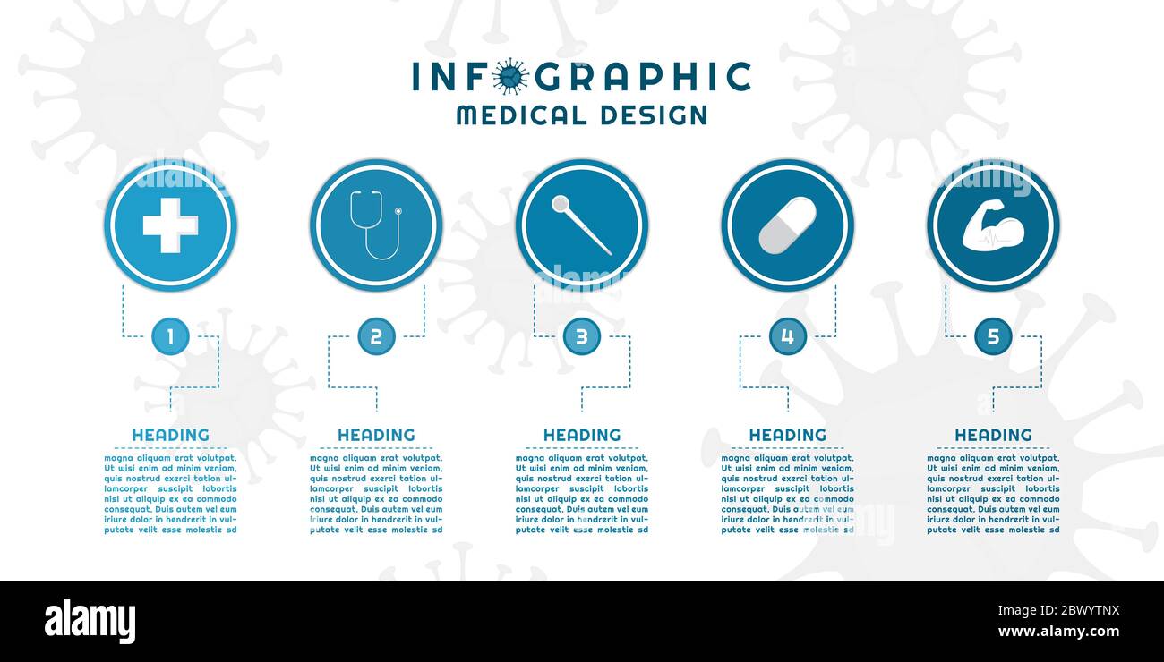 Infografica moderna forma circolare per la medicina linea tratteggiata stile passo numer. Illustrazione vettoriale. Illustrazione Vettoriale